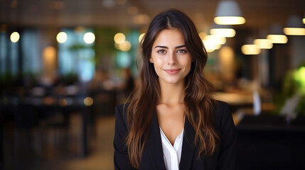 young woman wearing formal suit in international company ready for work, job interview