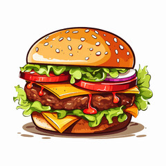 Realistic and detailed hamburger with beef meat, cucumber, salad, onion and cheese