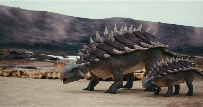 The herbivorous dinosaur Ankylosaurus is searching for sustenance.