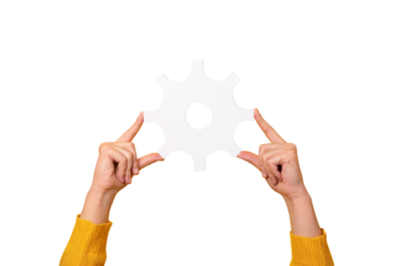 hands holding gear symbol isolated on transparent background