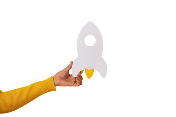 rocket in hand isolated on transparent background, startup business idea - 633009497