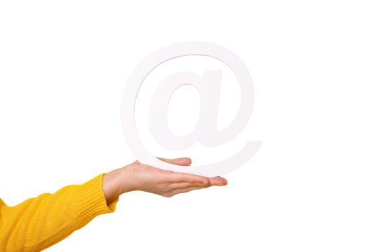 Email symbol on hand isolated on transparent background