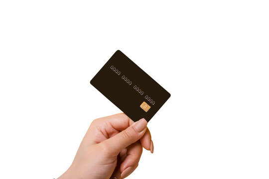 Female hand holding credit card isolated on transparent background