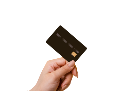 Female hand holding credit card isolated on transparent background
