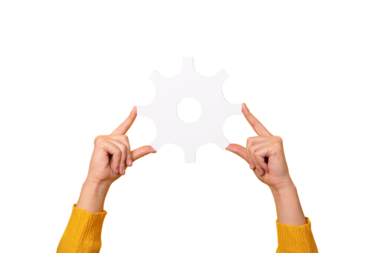 hands holding gear symbol isolated on transparent background