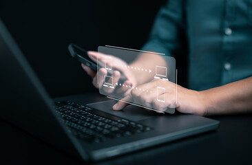 Sync transfer file between smart phone and computer laptop. Upload, backup, copy, exchange data on...
