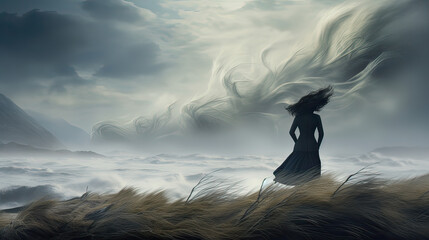 Whispers of the Wind, person standing on a windswept beach or mountaintop, conveying the power of nature and its ability to inspire AI generative