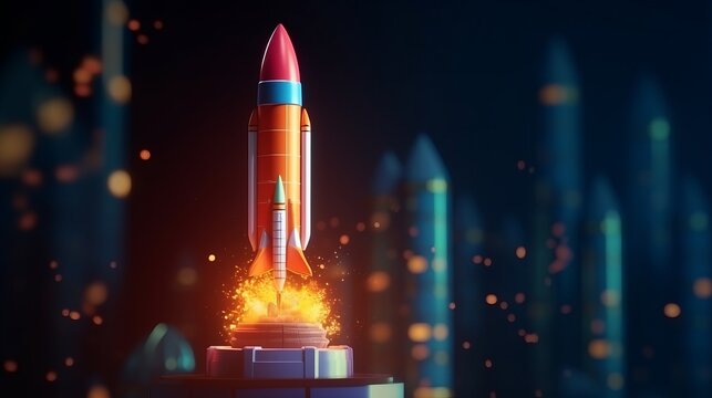 Illustration of a colorful rocket launching into the sky