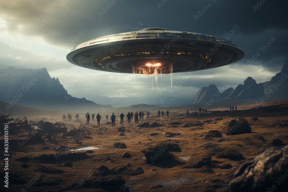 Aufkleber  mysterious aliens creatures standing in front of unidentified flying object (ufo) on the planet earth. Generative AI technology.