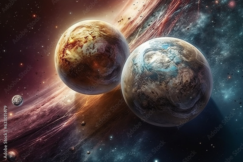 Aufkleber an interstellar image where a yin yang is formed by celestial bodies like stars and planets, symboli