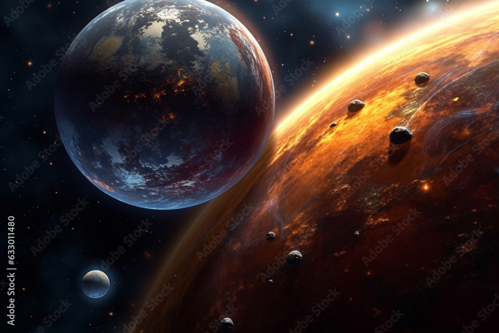 Aufkleber an interstellar image where a yin yang is formed by celestial bodies like stars and planets, symboli