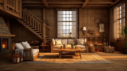 Interior Design of a Living Room in the Style of Wood and an Eye Catching Sofa of color White.