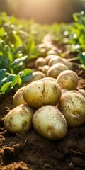 Potatoes on the field close-up. Harvesting potatoes. Generative AI