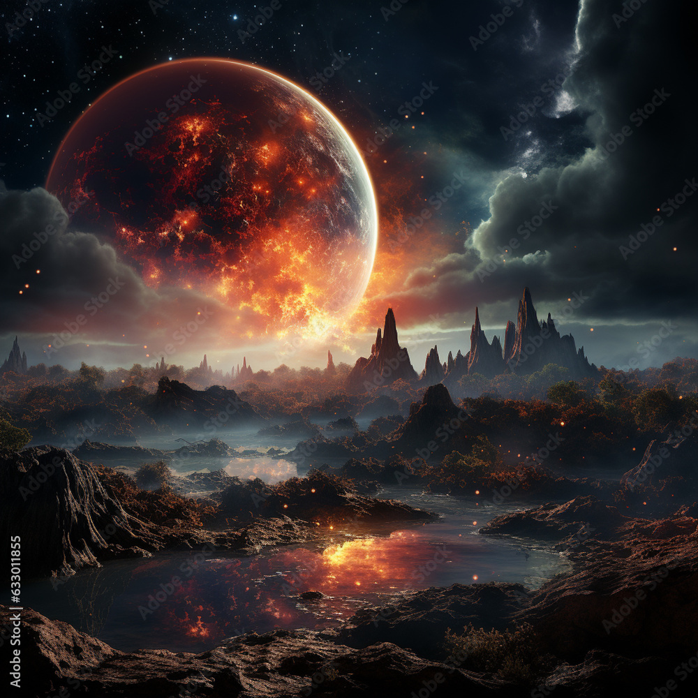 Poster an artistic representation of a newly discovered exoplanet in the habitable zone of its star, raisin