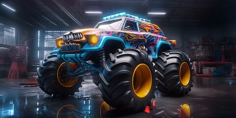 Racing monster truck with powerful engine, AI generative