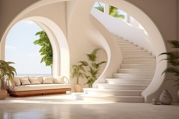 Interior Design of a Huge Mansion with the Style of a Monaster with White Stairs. Generative AI.