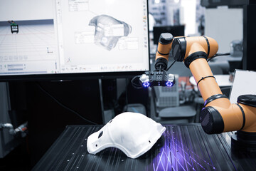 Automated 3D scanning. Robot perform 3D scan on workpiece. Industrial manufacture.