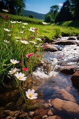 Professional Shot of a Creek while Reflecting the Sunlight, A Beautiful Garden near the Brook with lot of Flowers and some Rocks inside the Water.