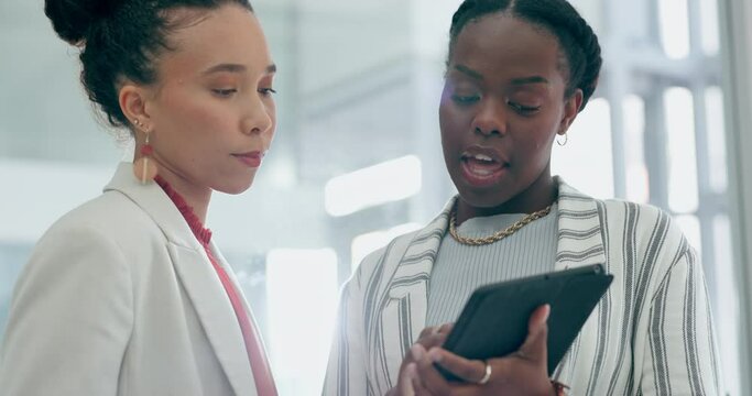 Business women, discussion and planning with tablet, strategy or schedule for teamwork, development or office. Mentor, partnership or data analytics with talking, research and brainstorming with app