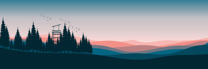 Fototapeta na wymiar morning mountain view scenery panorama with pine tree silhouette vector illustration good for wallpaper, backdrop, background, web banner, and design template