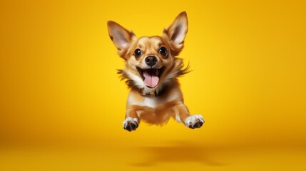 Photo of a small dog in mid-air jumping with excitement created with Generative AI technology