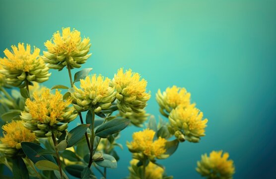 Rhodiola rosea flowers against pastel teal background. Adaptogen supplements concept. Ai generated image