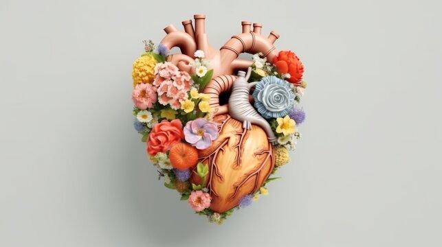 Heart organ with blooming flowers isolated, health and disease concept