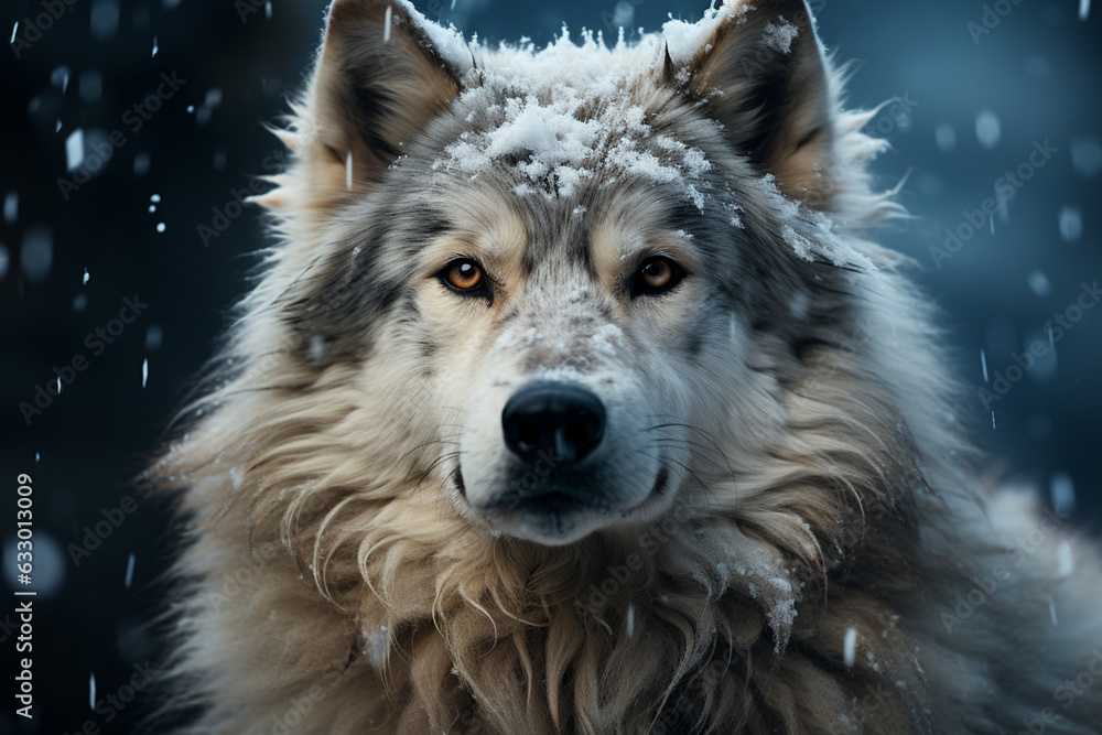 Poster an atmospheric photograph of a lone snow husky standing amidst a snowstorm, capturing the solitude a
