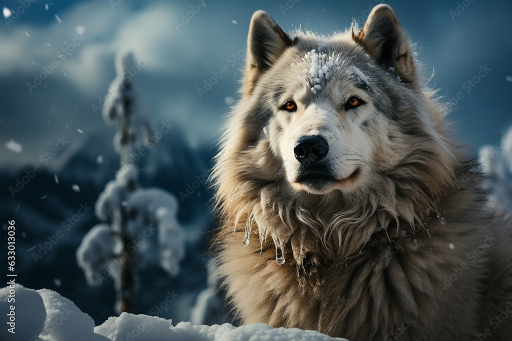 Poster an atmospheric photograph of a lone snow husky standing amidst a snowstorm, capturing the solitude a