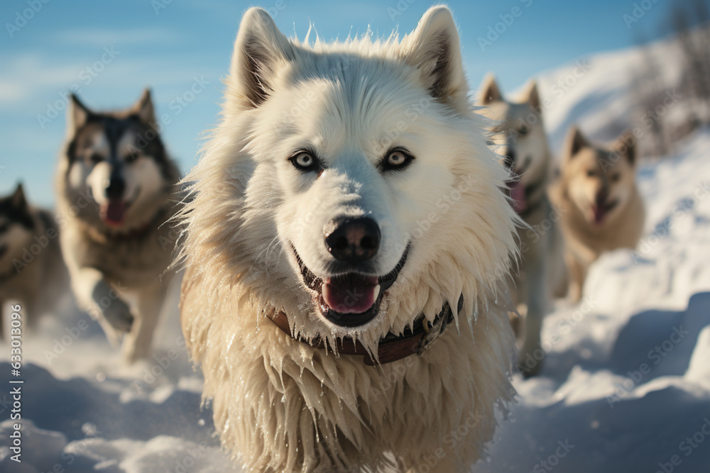 Poster a series of images documenting a snow husky team's journey through snow-covered landscapes, highligh