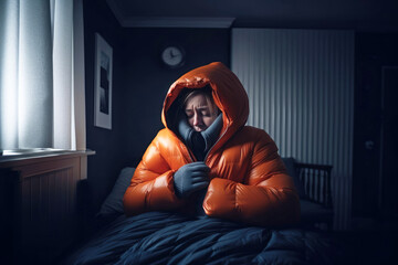 Frierende Frau trägt Winterkleidung und sitzt in einer kalten Wohnung - obrazy, fototapety, plakaty