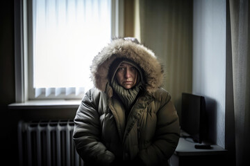 Frierende Frau trägt Winterkleidung und sitzt in einer kalten Wohnung - obrazy, fototapety, plakaty