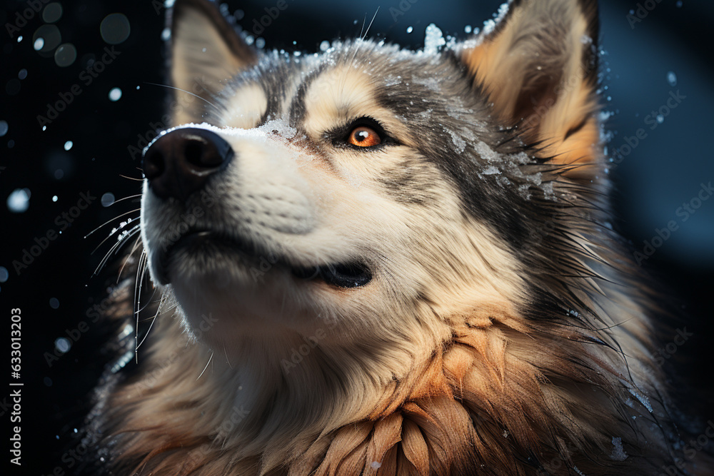 Poster a charming close-up shot of a snow husky playfully touching its cold nose to its owner's face, evoki