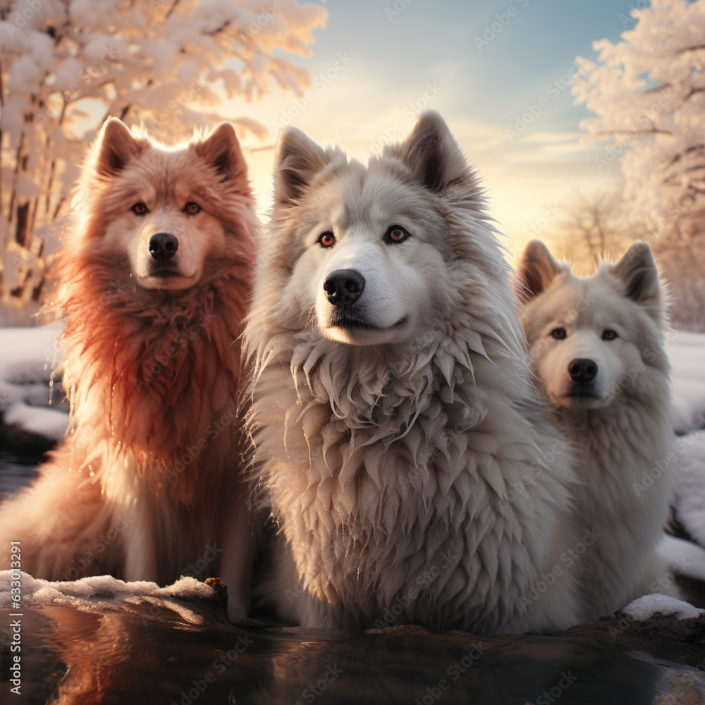 Poster a serene capture of snow huskies resting by a frozen lake, surrounded by a serene and wintry landsca
