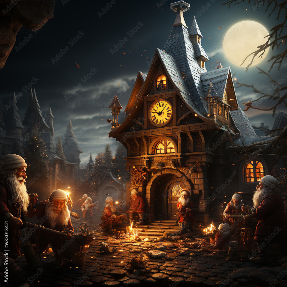 Poster a heartwarming scene of elves eagerly watching the clock and counting down to christmas eve, capturi