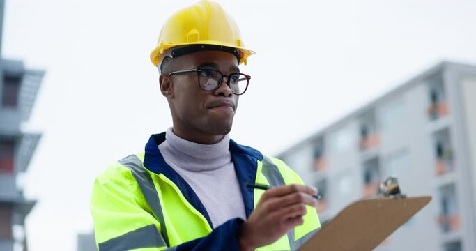 Man, engineering checklist and project management at construction site inspection, urban development or city. Manager or african person with clipboard for outdoor architecture and buildings survey