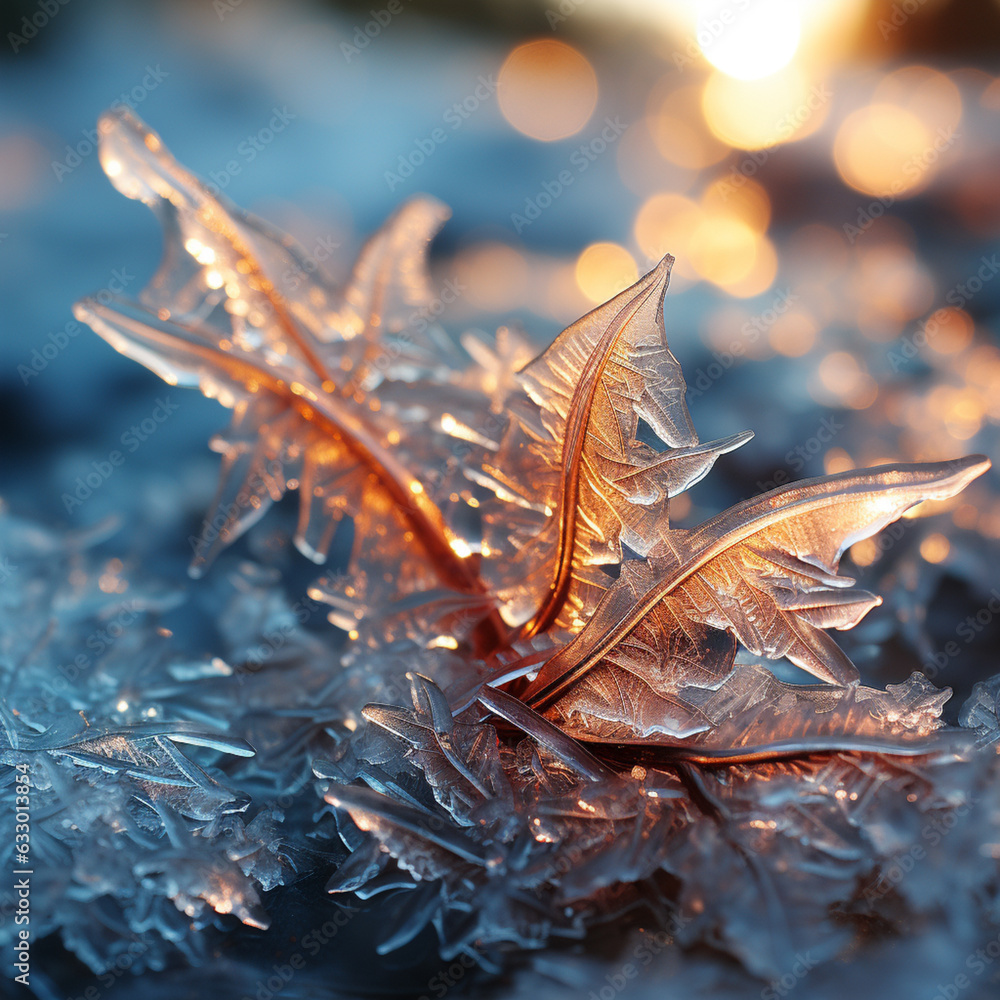 Aufkleber a photograph of frost patterns illuminated by the soft morning sunlight, creating a warm contrast ag