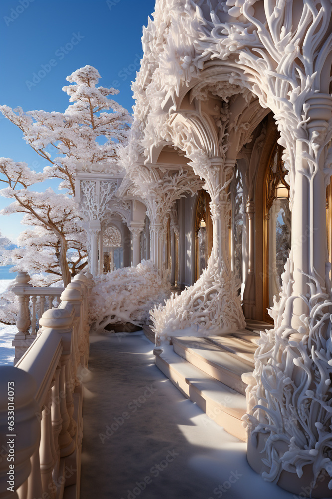 Fototapete a scene of frost patterns adorning the exterior of a building, adding a touch of elegance to its arc
