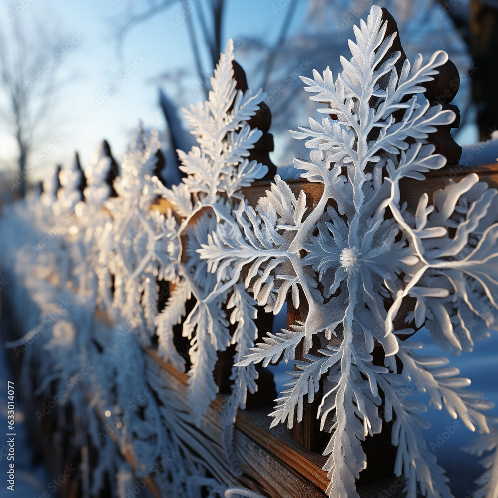 Poster an image of frost patterns forming intricate designs on a wooden fence, highlighting the delicate de