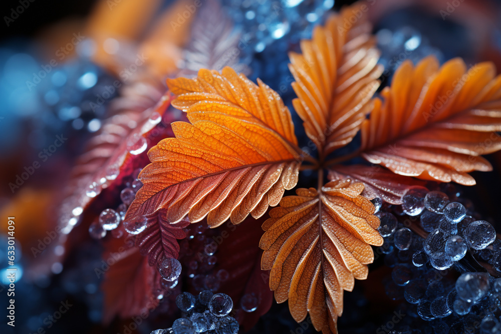 Poster an image of frost patterns forming on autumn leaves, creating a captivating blend of seasonal beauty