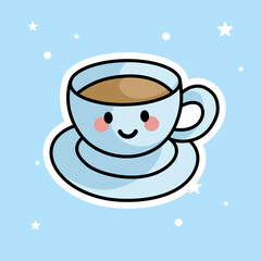 Cute Kawaii Coffee is isolated on a blue background. Vector - Illustration.