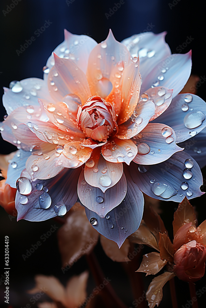 Poster an image of frost forming on the petals of a flower, enhancing its beauty with a glistening layer of