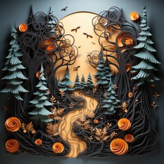 halloween background, paper craft style. night halloween paper art background. 
