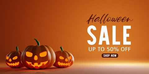 3d Rendering. Halloween sale message with pumpkin on a orange background