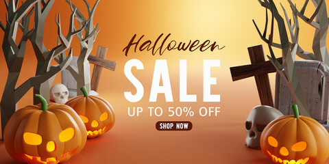 3d Rendering. Halloween sale message with pumpkin,crucifix, skull, grave on a orange background. dry trees in the cemetery