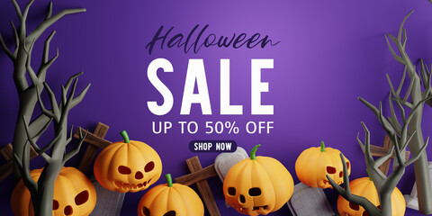 3d Rendering. Halloween sale message with pumpkin,crucifix, skull, grave on a purple background. dry trees in the cemetery