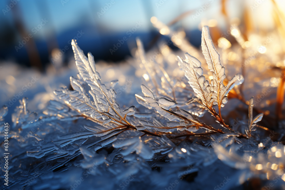Poster a scene of frost patterns casting delicate shadows on a frost-covered surface, adding depth and dime