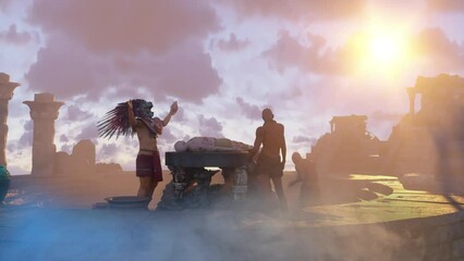 ancient Mayan aztec tribe , priest brings human sacrifices 3d render