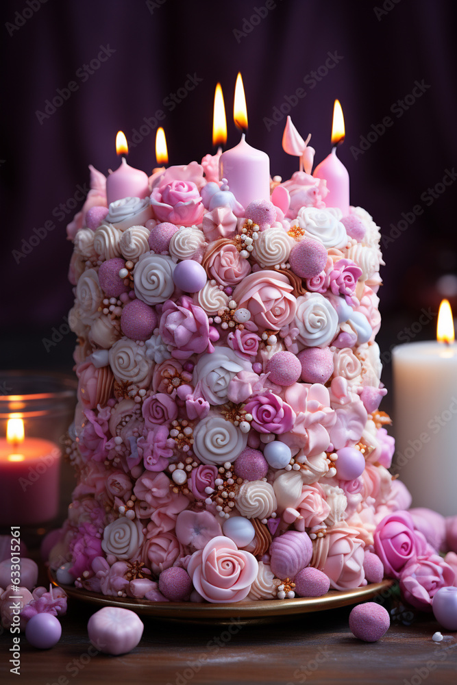 Poster an image of an intricately designed cake or dessert adorned with delicate edible marshmallow decorat
