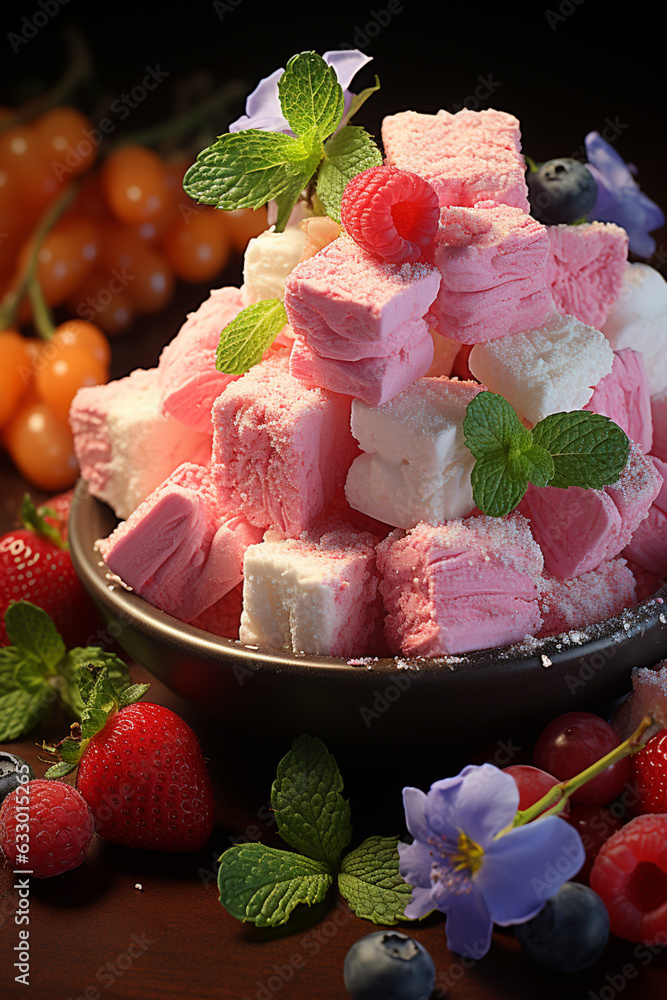 Poster an arrangement of marshmallows and fresh fruits on skewers, creating a colorful and healthy treat op